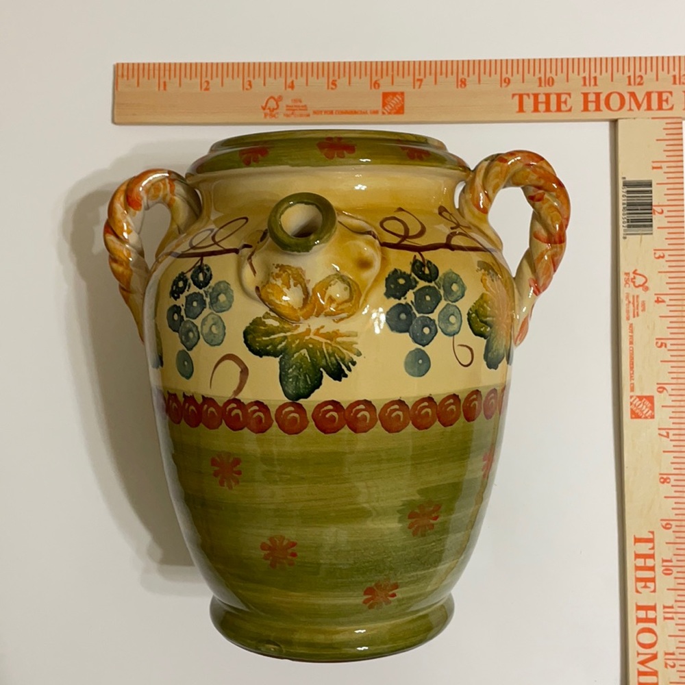 Hand Painted Italian Glazed Clay Vase Harvest Thanksgiving Decor Olive Oil Jug